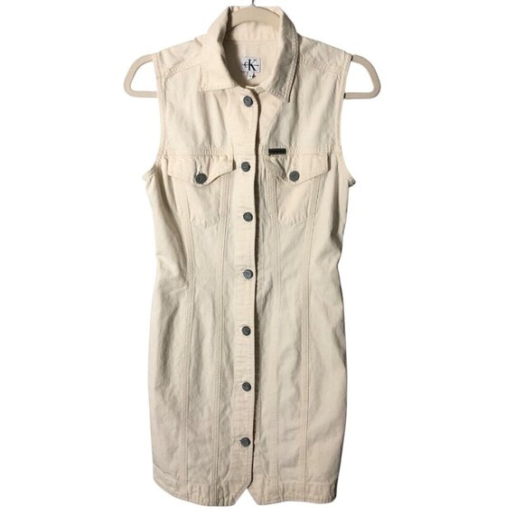 Vintage CK Calvin Klein Jeans Button Front Denim Mini Dress - Trucker Vibes - Picture 1 of 10